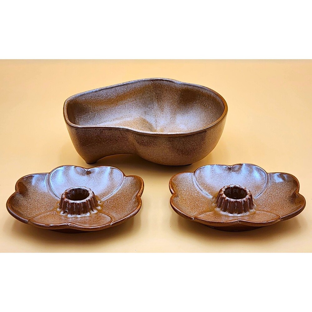 Frankoma Brown Glossy Glazed Art Pottery Bowl & Candle Set ~ Impressed Backstamp